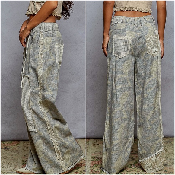 POL Camo Floral Print Distressed Stretchy Waist Wide leg Cotton Pants - Picture 3 of 3
